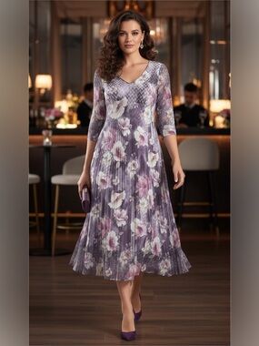 komarov a line dress Komarov Women's Floral Dress with Lace Sleeves - Black